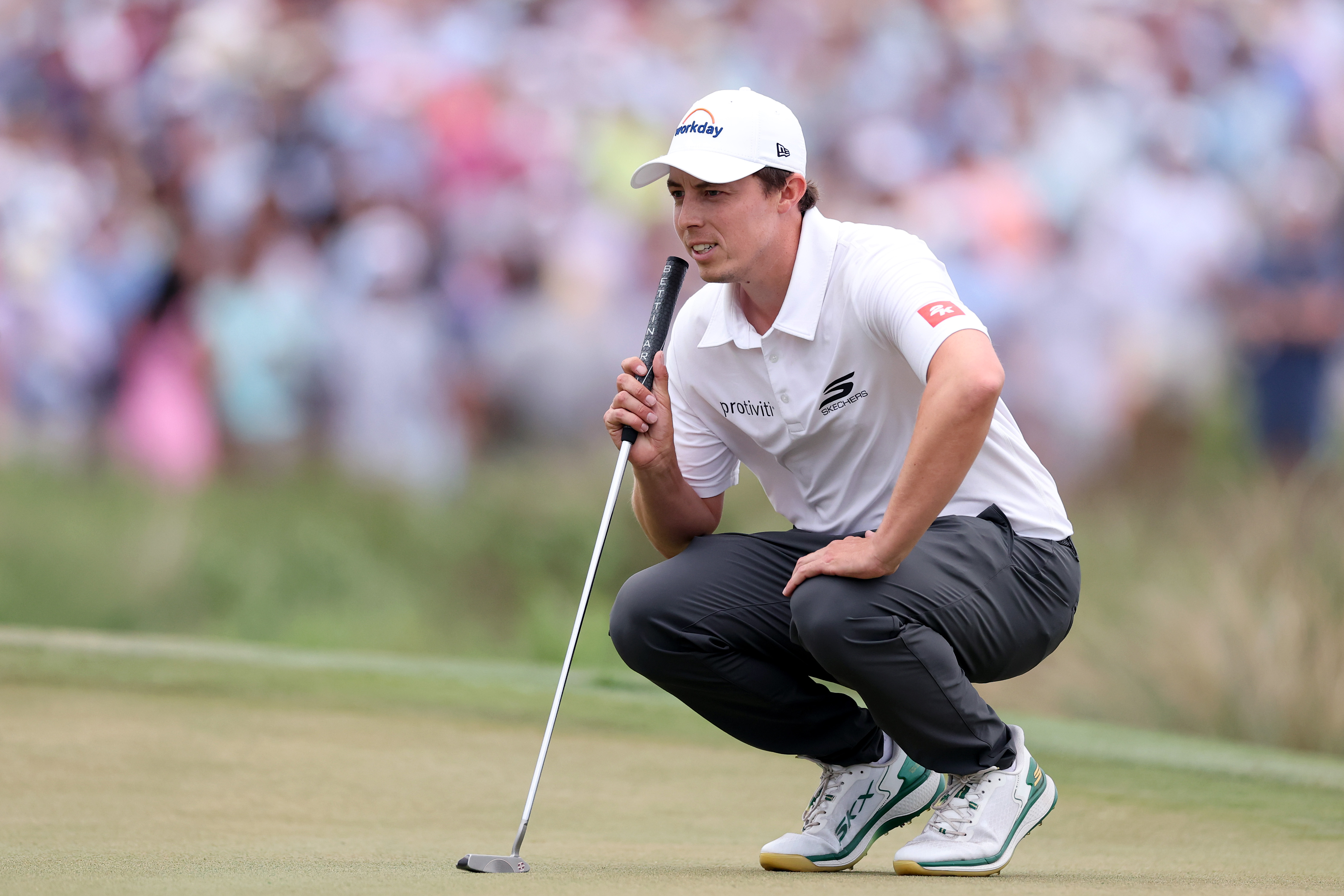 Matthew Fitzpatrick lines up a putt on the 18th green during the final round of the RBC Heritage