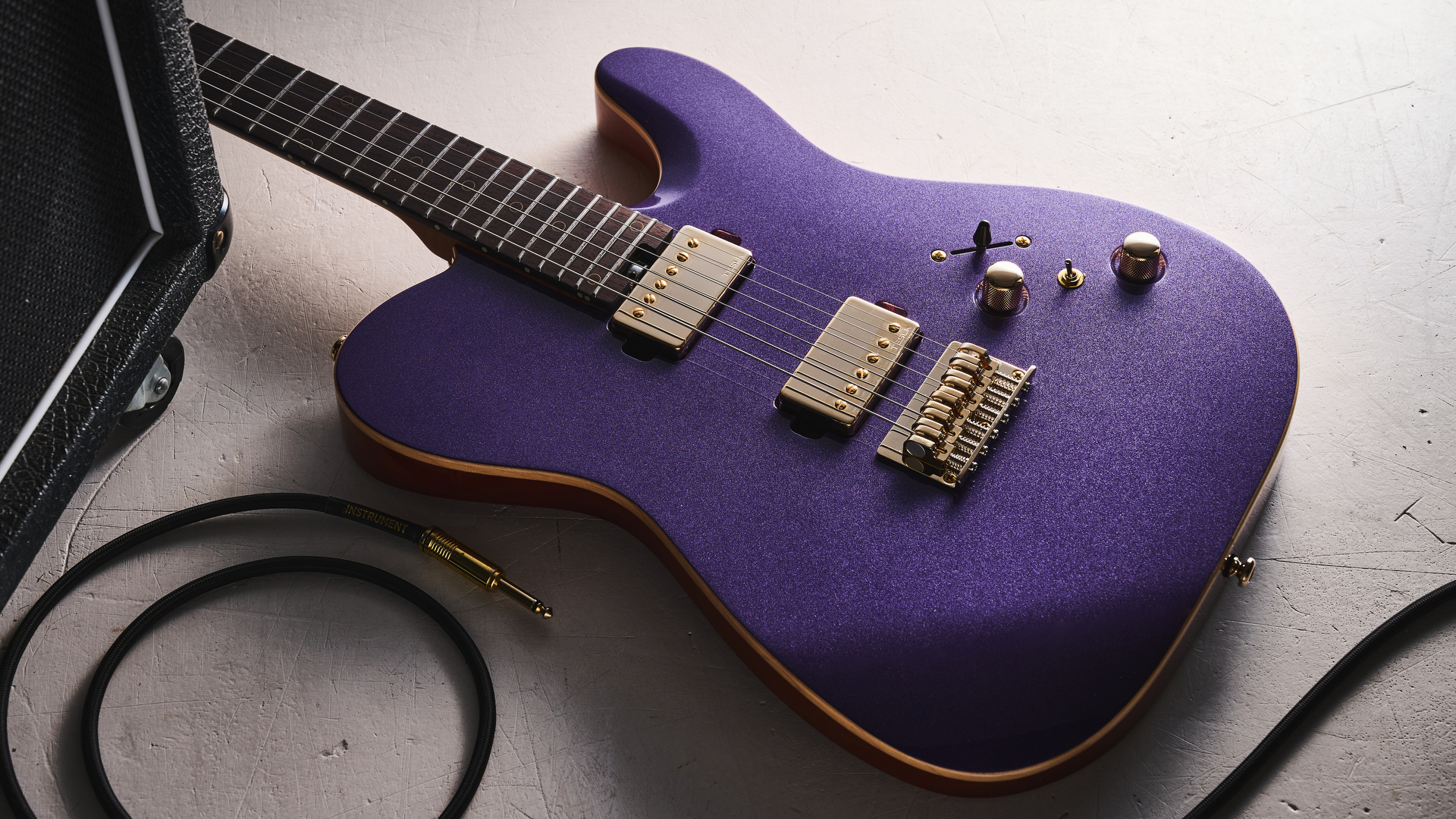 Harley Benton Fusion-T II HH RW HT in Purple Metallic finish with gold hardware. Shot on white surface.