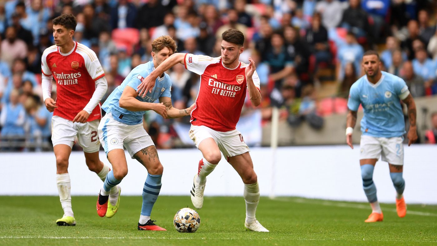 Arsenal’s Declan Rice in action against Man City in the Community Shield