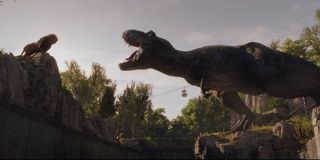 T-rex roaring at lion in Jurassic World: Fallen Kingdom