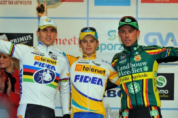 The GVA Hasselt podium: Zdenek Stybar and Kevin Pauwels (Telent Fidea) and Sven Nys (Landbouwkrediet)