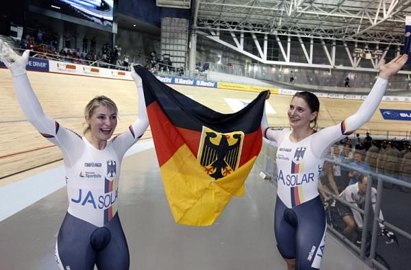Germany's Miriam Welte and Kristina Vogel celebrate their team sprint word championship.