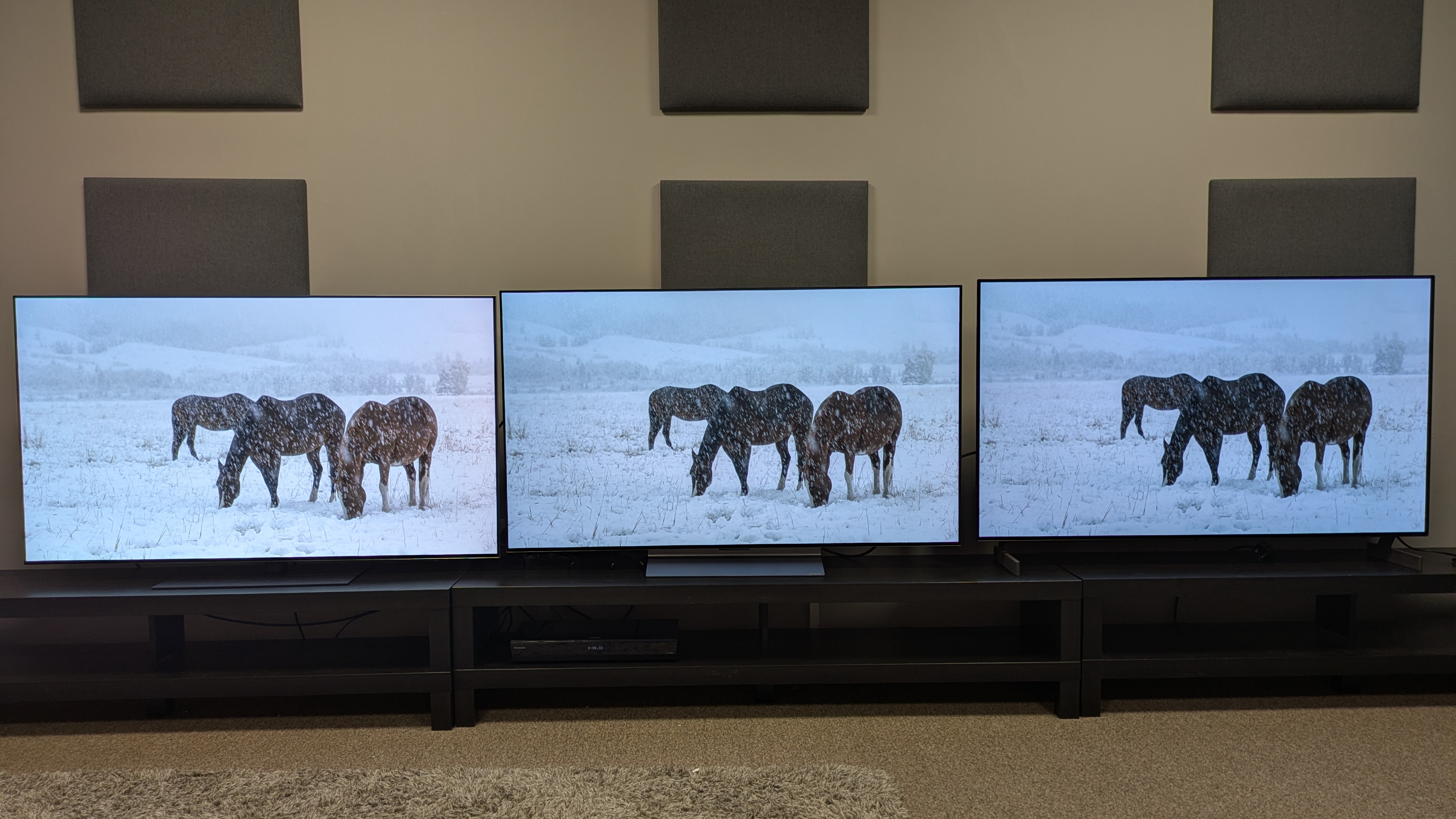 LG G6 (left) vs LG C6 (middle) vs LG B6E (right) showing horses in a snowy field. The G6 has significantly higher brightness, making whites look more impactful
