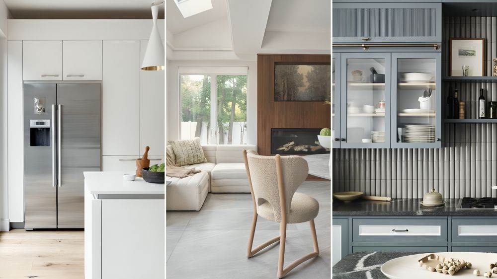  A standalone silver fridge in a white kitchen / family room breakfast nook with cream sofa and wood framed fireplace / grey blue kitchen with glazed wall cabinets, fluted tile wall, open shelving, quartz countertop 