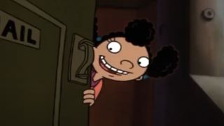 Timberly peeking from behind a door smiling on Hey Arnold!