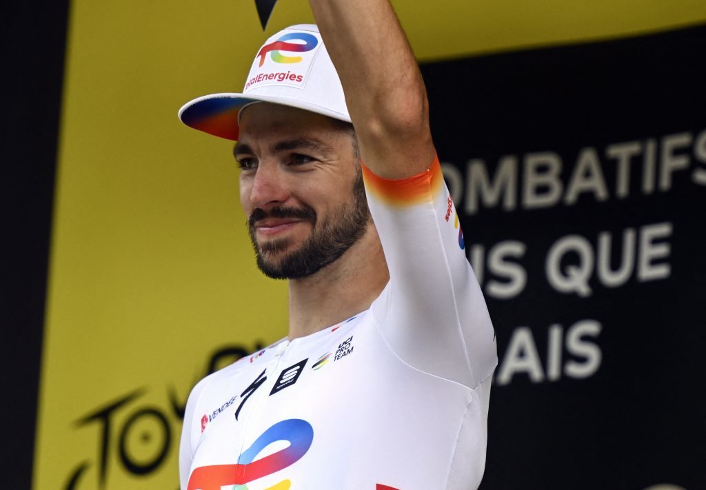 French Anthony Turgis of Total Energies celebrates on the podium with the combativity award after stage 8 of the Tour de France cycling race a 2007 km race from Libourne to Limoges France Saturday 08 July 2023 This years Tour de France takes place from 01 to 23 July 2023 BELGA PHOTO DIRK WAEM Photo by DIRK WAEM BELGA MAG Belga via AFP Photo by DIRK WAEMBELGA MAGAFP via Getty Images