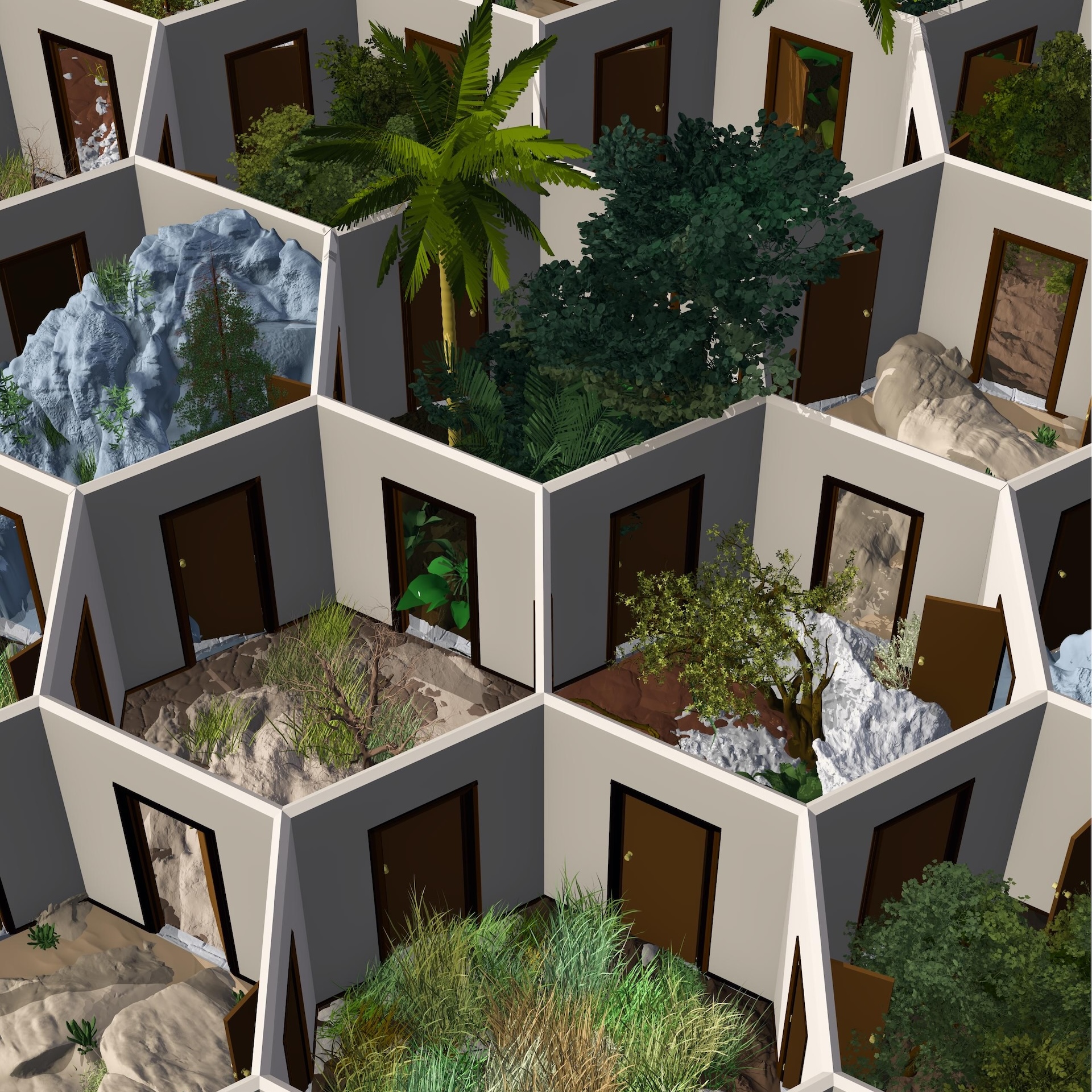 A digital image of interlocking hexagonal rooms with different natural environments inside