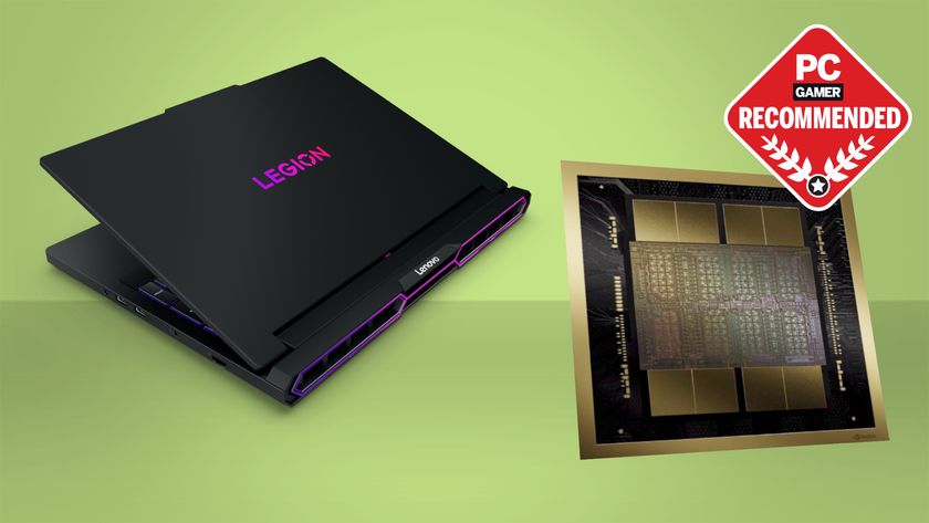 The Lenovo Legion Pro 7i Gen 10 and a Blackwell RTX 5080 mobile die on a green background, with the PC Gamer recommended badge in the top right.