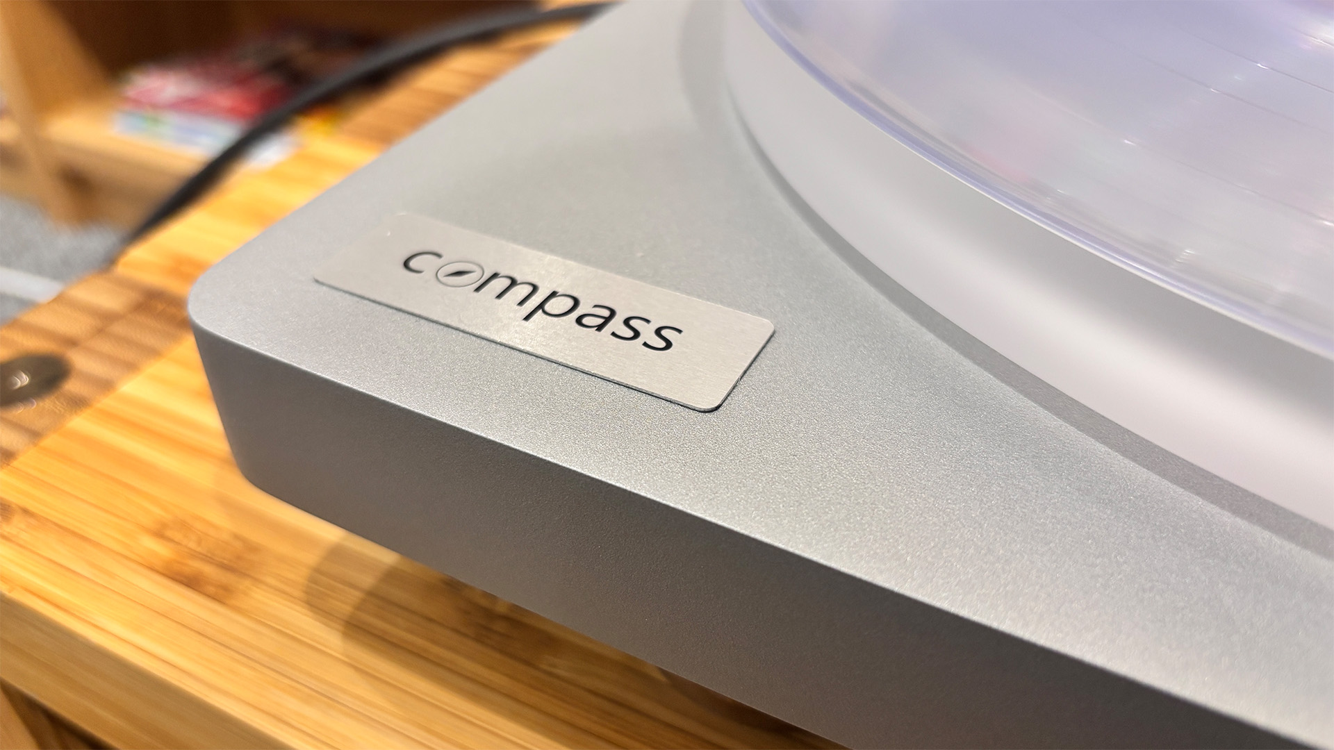 Close up of logo on Clearaudio Compass turntable