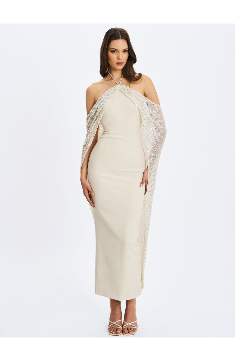 Quimera Beaded Cape Halter Off-Shoulder Maxi Gown
