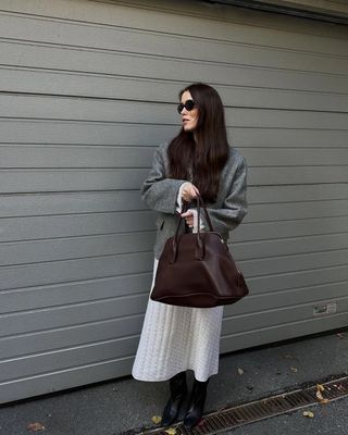 Cream knit dress with beige-grey boots