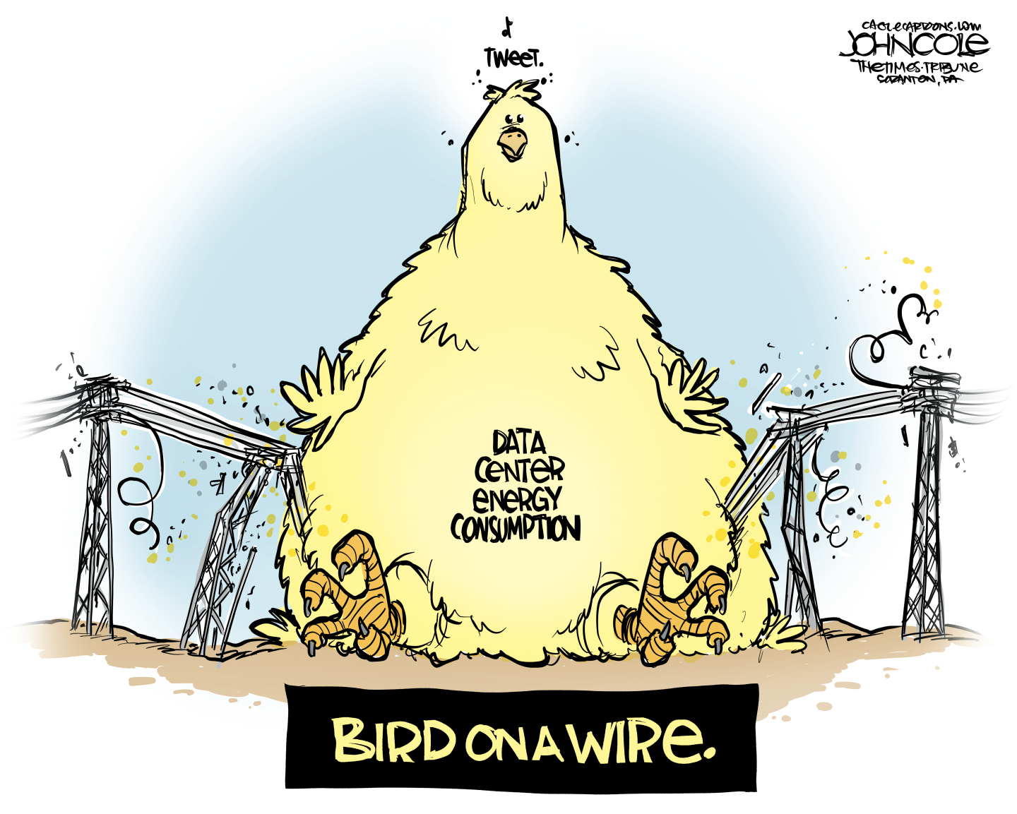 This cartoon, titled &amp;ldquo;Bird on a Wire,&amp;rdquo; depicts a giant yellow bird that has crushed a power line. The bird is labeled &amp;ldquo;Data Center Energy Consumption.&amp;rdquo;