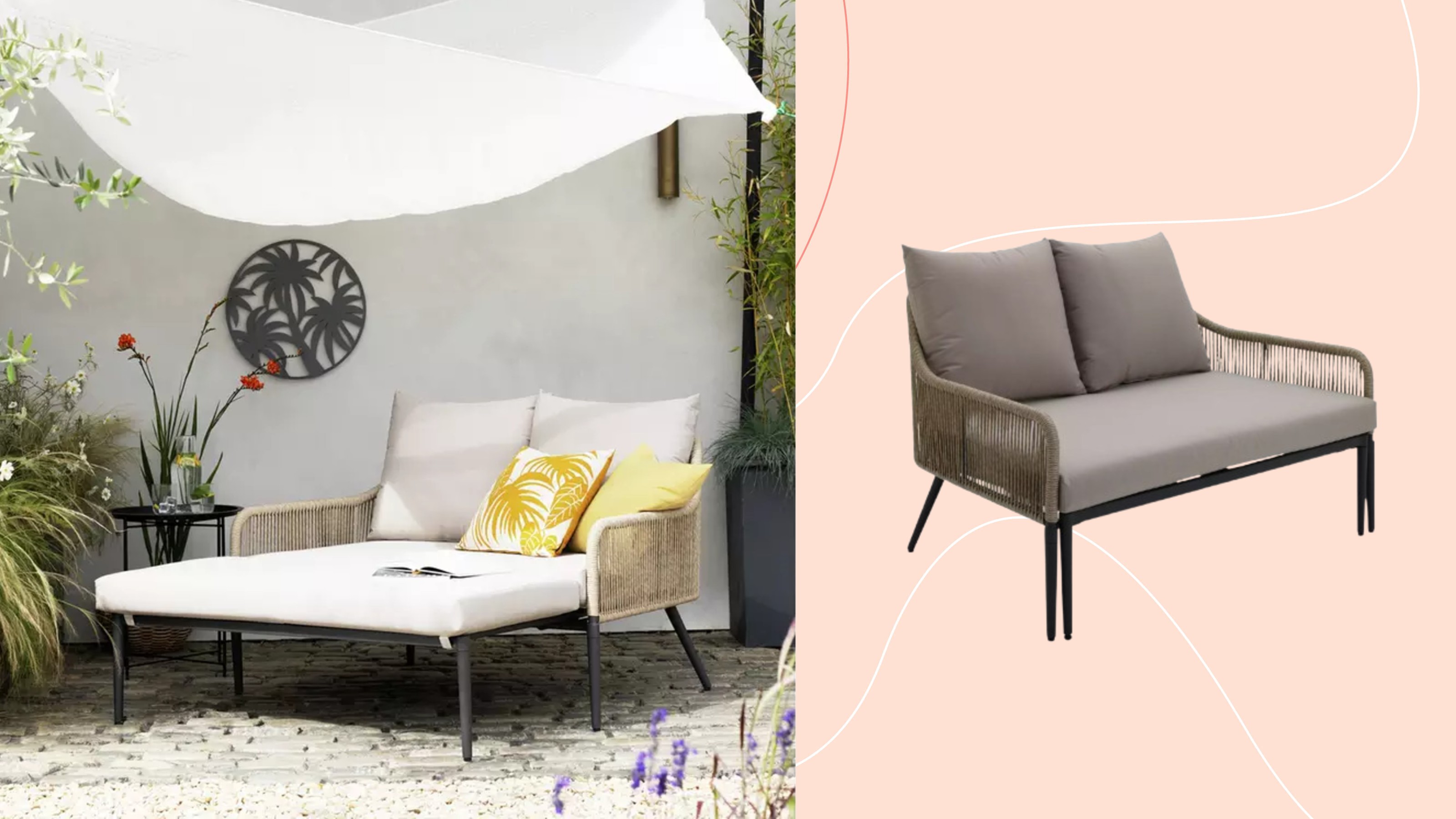 Habitat Malta Rattan Effect Garden Day Bed folded out on a cobbled patio with the product folded on a pink background next to it 