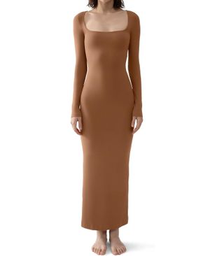 Pumiey Long Sleeve Dress for Women Square Neck Maxi Dress Sexy Bodycon Fall Dresses for Women Brown Dress Caramel Medium
