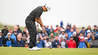 Xander Schauffele putts on the 16th hole green during the second round of the Genesis Scottish Open at The Renaissance Club on July 14, 2023 in North Berwick, Scotland.