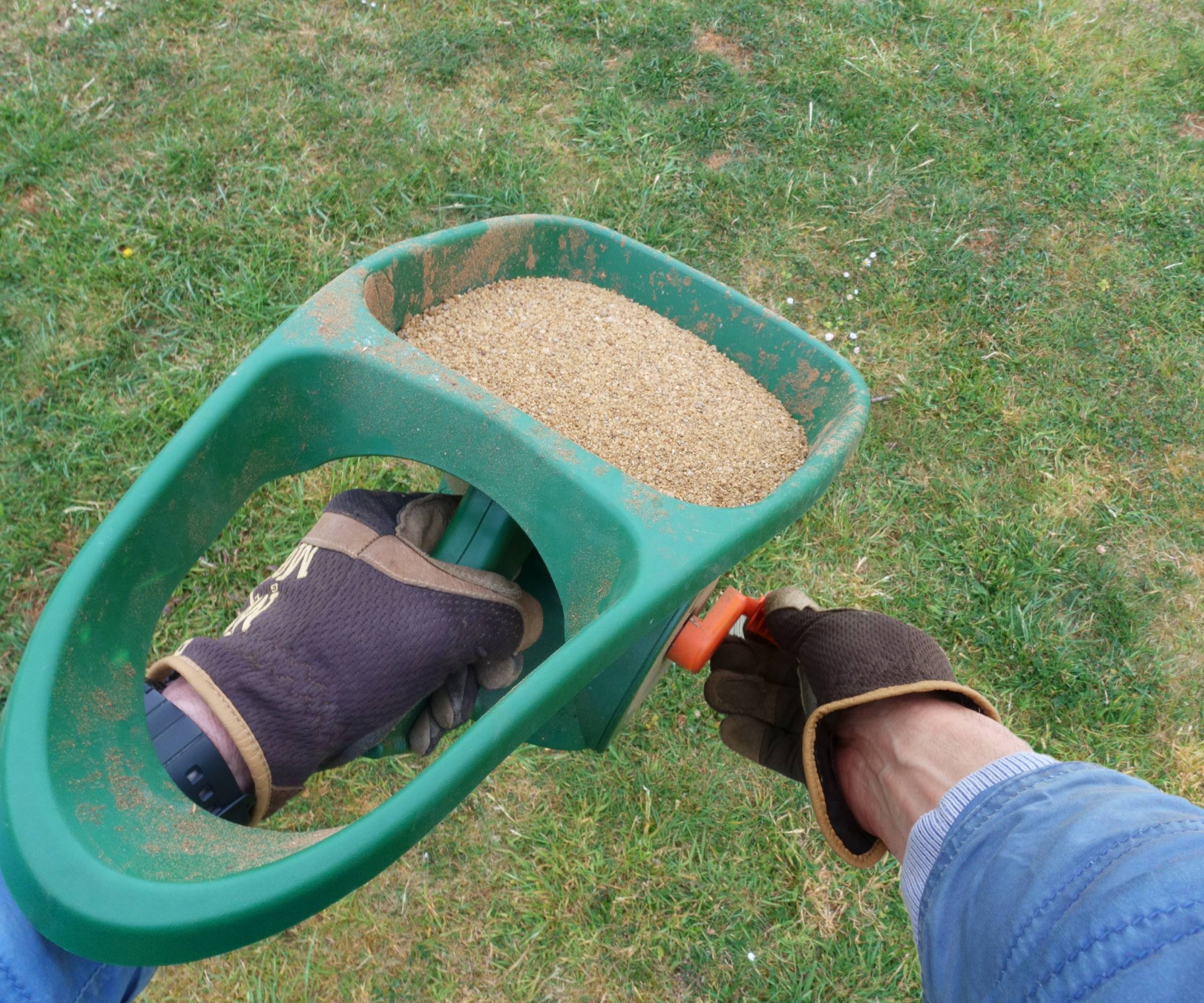 Gloved hands use a fertilizer spreader