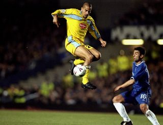 Juan Sebastian Veron jumps to win the ball for Lazio in a Champions League game against Chelsea in March 2000.