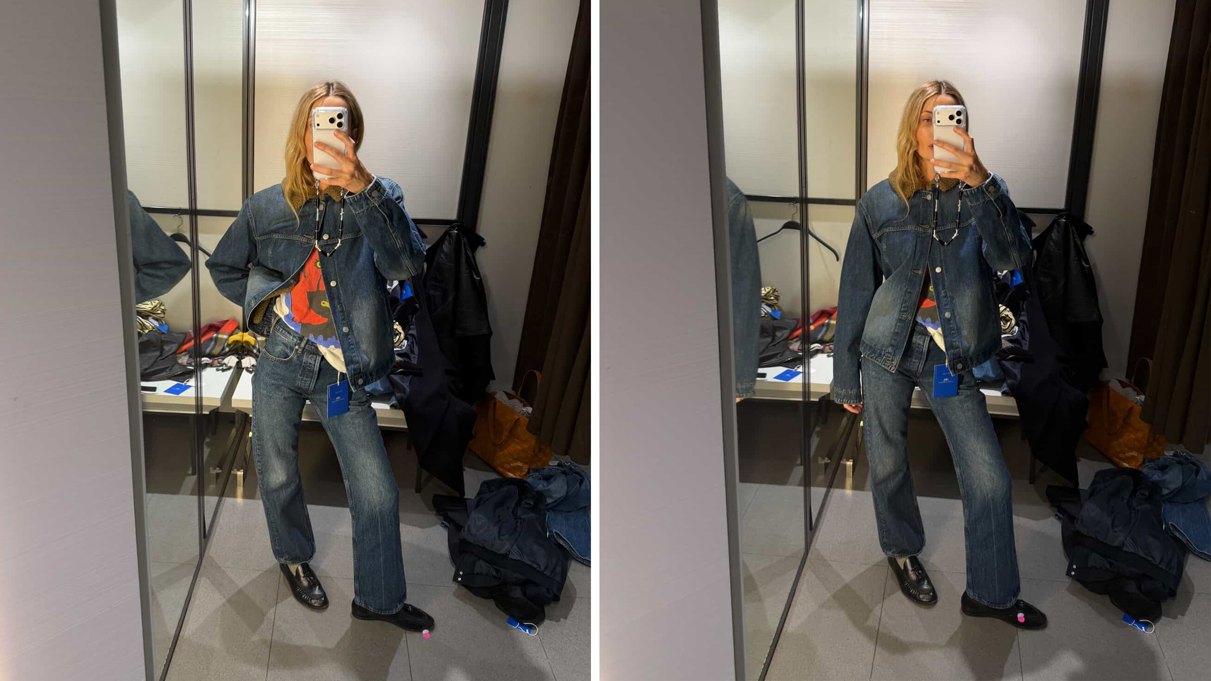 Courtney grows a denim jacket with the zara x aaron levine bootcut jeans.