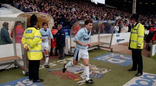 06 April 1996 - FA Carling Premiership - Manchester City v Manchester United - Georgi Kinkladze of City emerges from the tunnel at Maine Road ahead of the second half. (Photo by Mark Leech/Offside via Getty Images)