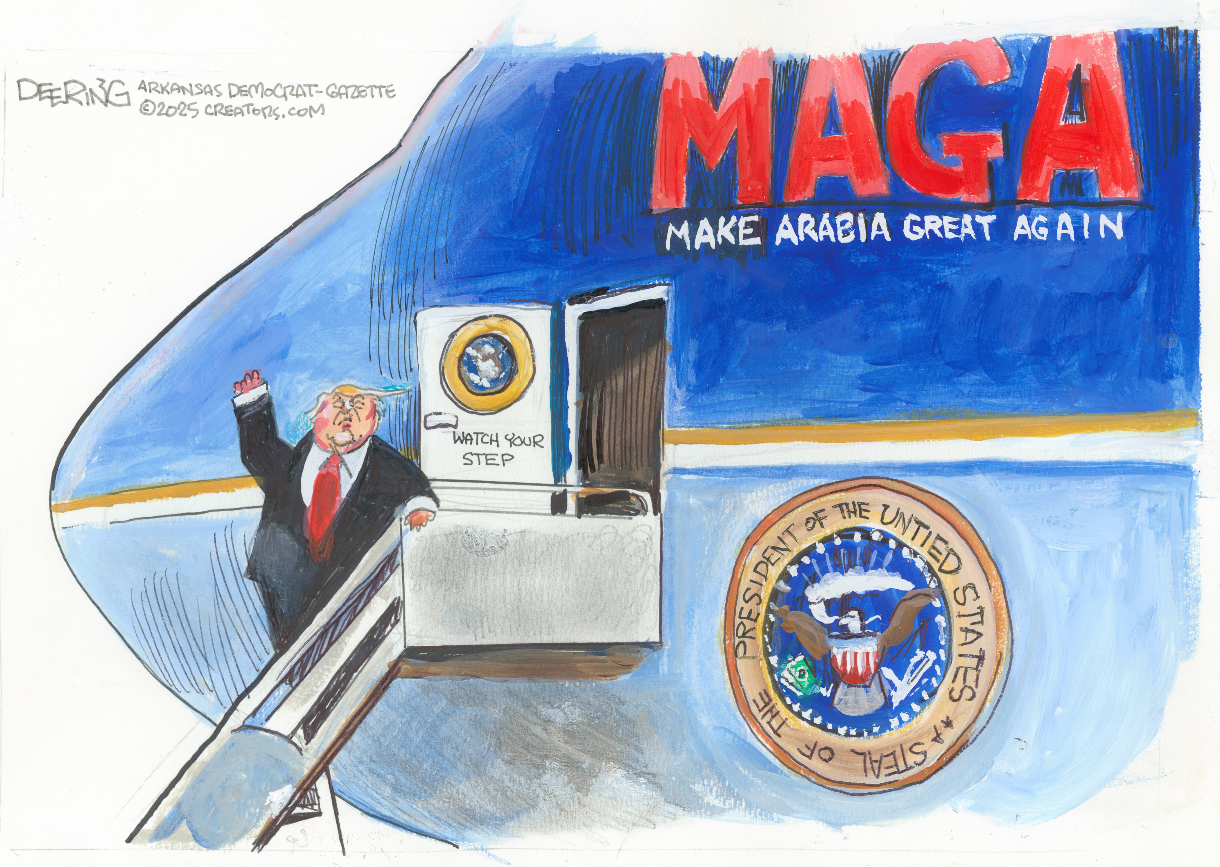This cartoon depicts Donald Trump waving from the steps of Air Force One. The plane has "MAGA: MAKE ARABIA GREAT AGAIN" written on its side.