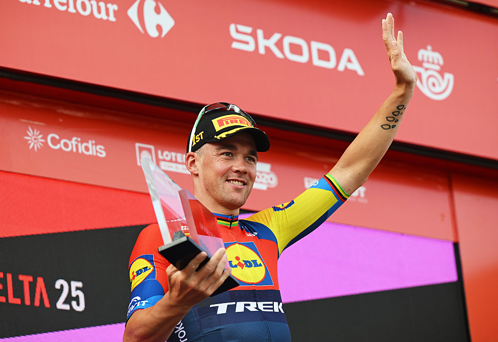 MONFORTE DE LEMOS, SPAIN - SEPTEMBER 07: Mads Pedersen of Denmark and Team Lidl - Trek celebrates at podium as stage winner during the La Vuelta - 80th Tour of Spain 2025, Stage 15 a 167.8km stage from A Veiga-Vegadeo to Monforte de Lemos / #UCIWT / on September 07, 2025 in Monforte de Lemos, Spain. (Photo by Dario Belingheri/Getty Images)