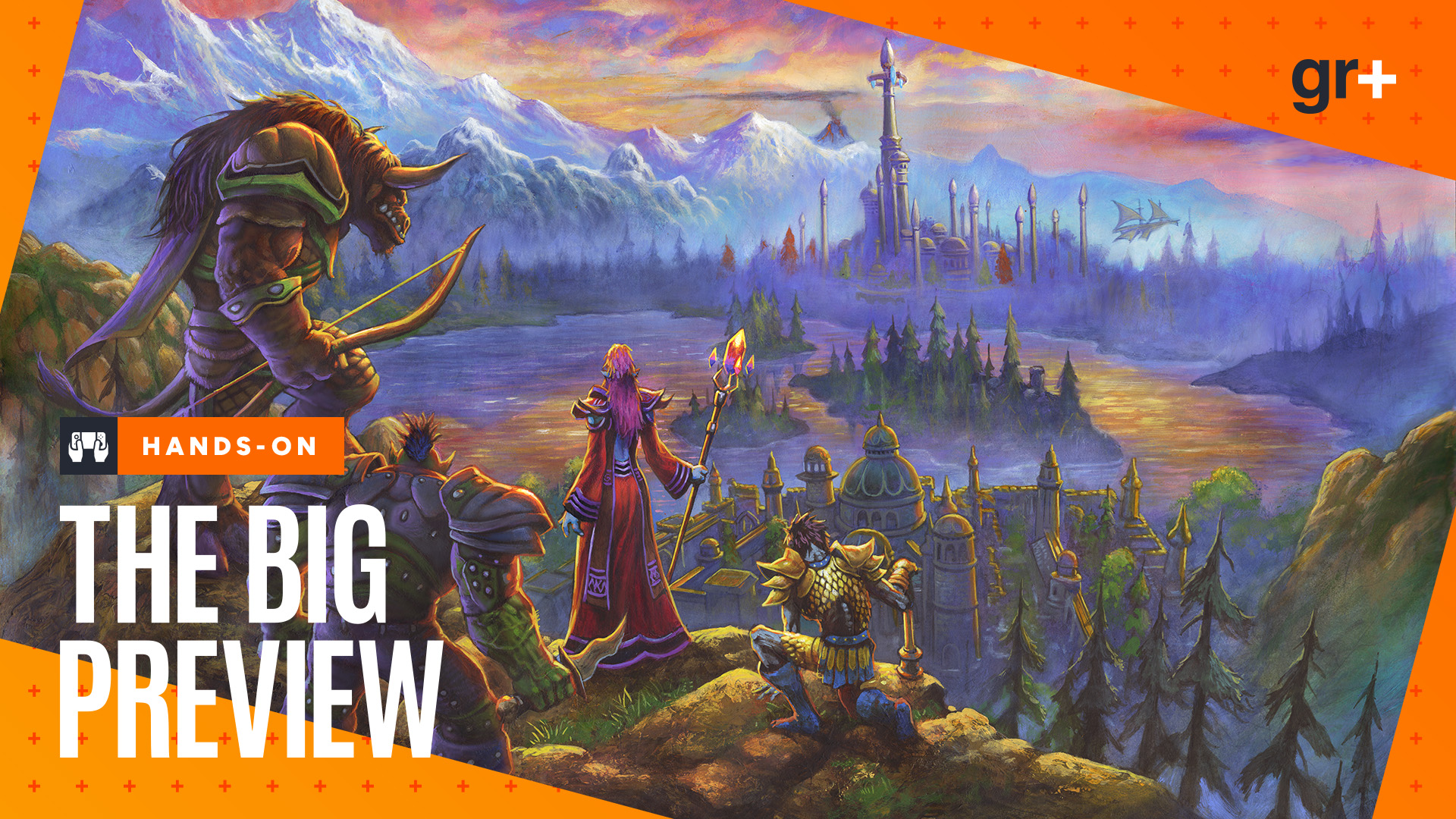 Key art showing a Horde party looking out across a swampy landscape in World of Warcraft: Forever, with the orange GamesRadar+ Big Preview branding