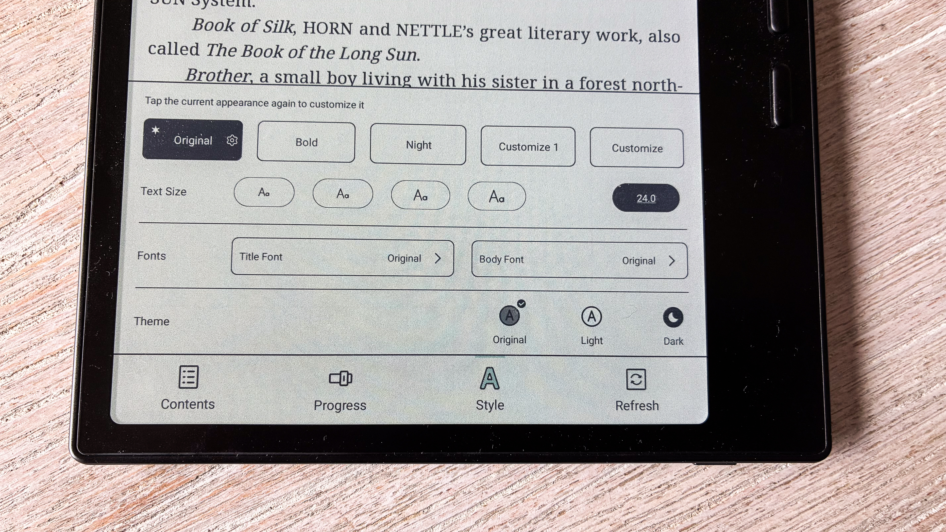 Text styl options on the Boox Go Color 7 Gen II ereader