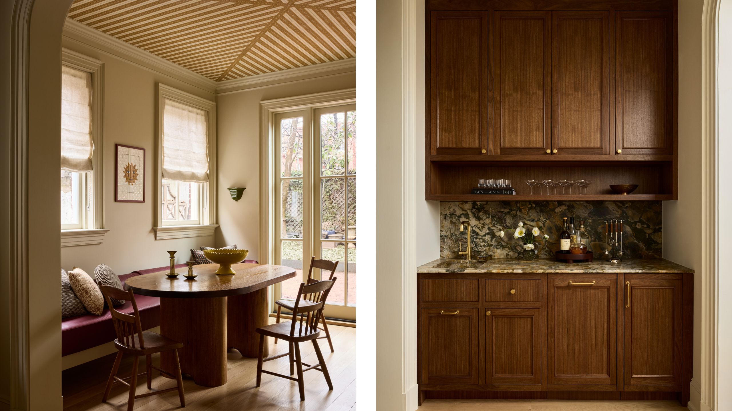 two side by side images of a breakfast room with a banquette seat and chunky wooden table styled with a yellow striped tented ceiling beside an image of a dark wood home bar