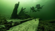Maritime archaeologists Johan R&ouml;nnby (left) and Rolf Warming diving near the stern of the Gribshunden wreck. The ship sank in 1495 and was rediscovered in the 1970s. 