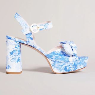blue and white floral print heel sandal with bow front