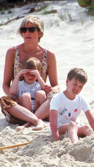 Diana, Princess of Wales, with Prince William, and Prince Harry, on Holiday In Necker Island In The Caribbean, on April 11, 1990, in the British Virgin Island