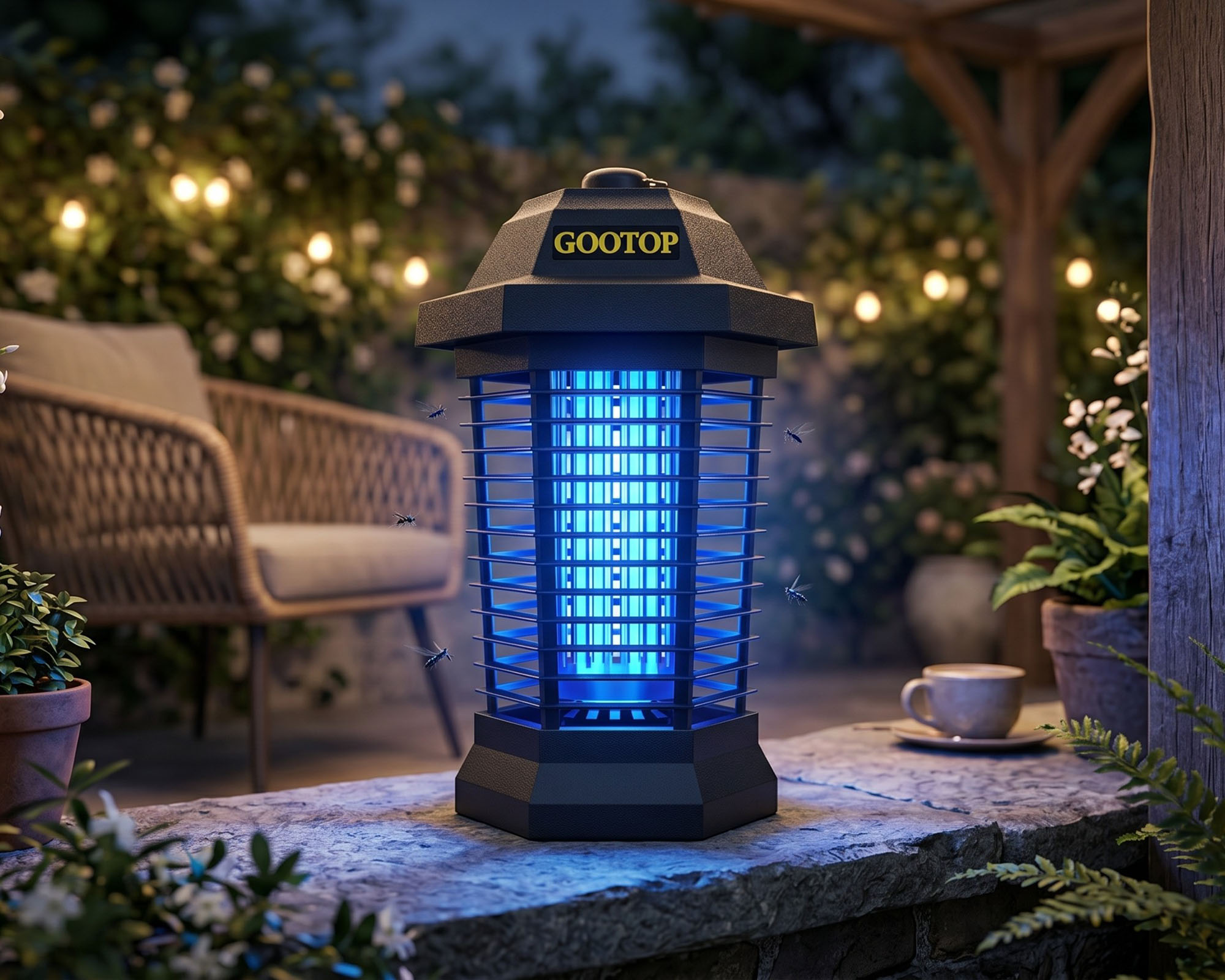 AI generated image showing gootop bug zapper in the garden