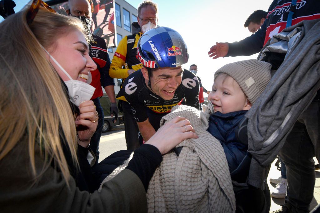 Sarah De Bie wife of Wout van Aert and son George pictured after the mens elite race of the Omloop Het Nieuwsblad oneday cycling race 2042km from Gent to Ninove Saturday 26 February 2022 BELGA PHOTO DAVID STOCKMAN Photo by DAVID STOCKMANBELGA MAGAFP via Getty Images