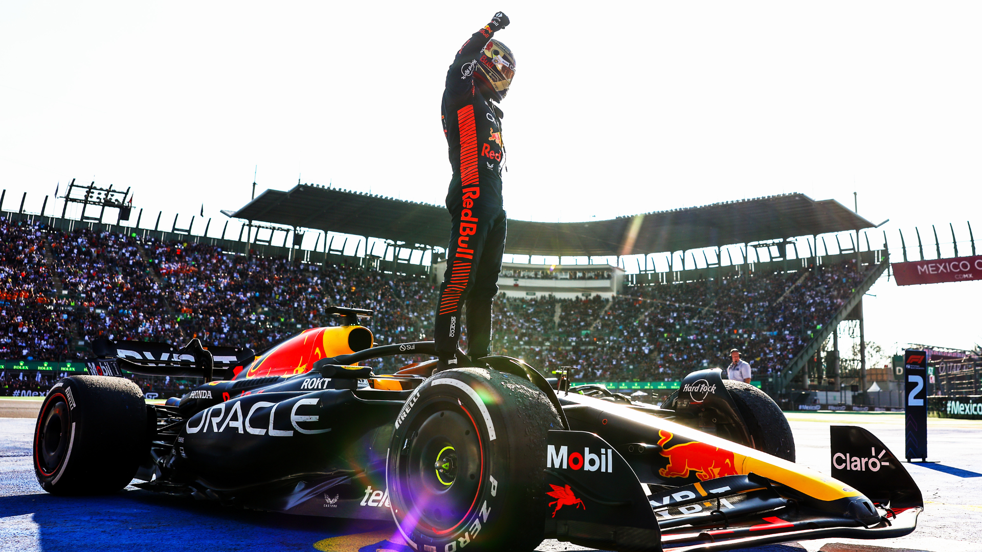 Race winner Max Verstappen of the Netherlands and Oracle Red Bull Racing celebrates in parc ferme during the F1 Grand Prix of Mexico at Autodromo Hermanos Rodriguez on October 29, 2023 in Mexico City, Mexico.