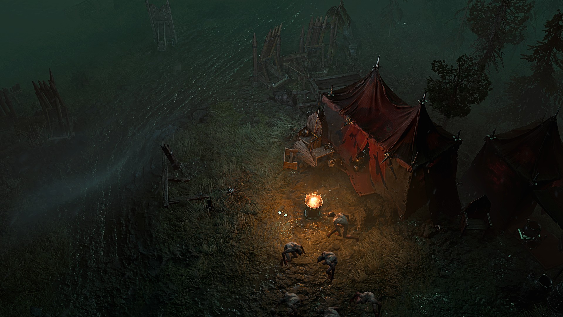 One of Diablo 4's dimly lit campsites attacked in the night by ghouls