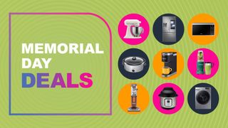Assorted appliances on lime green background with memorial day deals text overlay