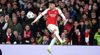 LONDON, ENGLAND - NOVEMBER 08: Gabriel Martinelli of Arsenal controls the ball during the UEFA Champions League match between Arsenal FC and Sevilla FC at Emirates Stadium on November 08, 2023 in London, England. (Photo by Stuart MacFarlane/Arsenal FC via Getty Images)