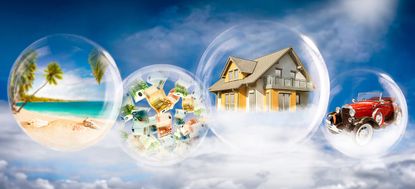 Soap bubbles with beach scene, banknotes, house and car