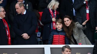 Prince William, Princess of Wales and Prince George prior to the Guinness Six Nations Rugby match between England and Wales