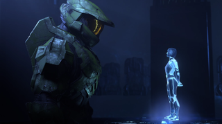 Halo Infinite's Master Chief staring at a hologram AI