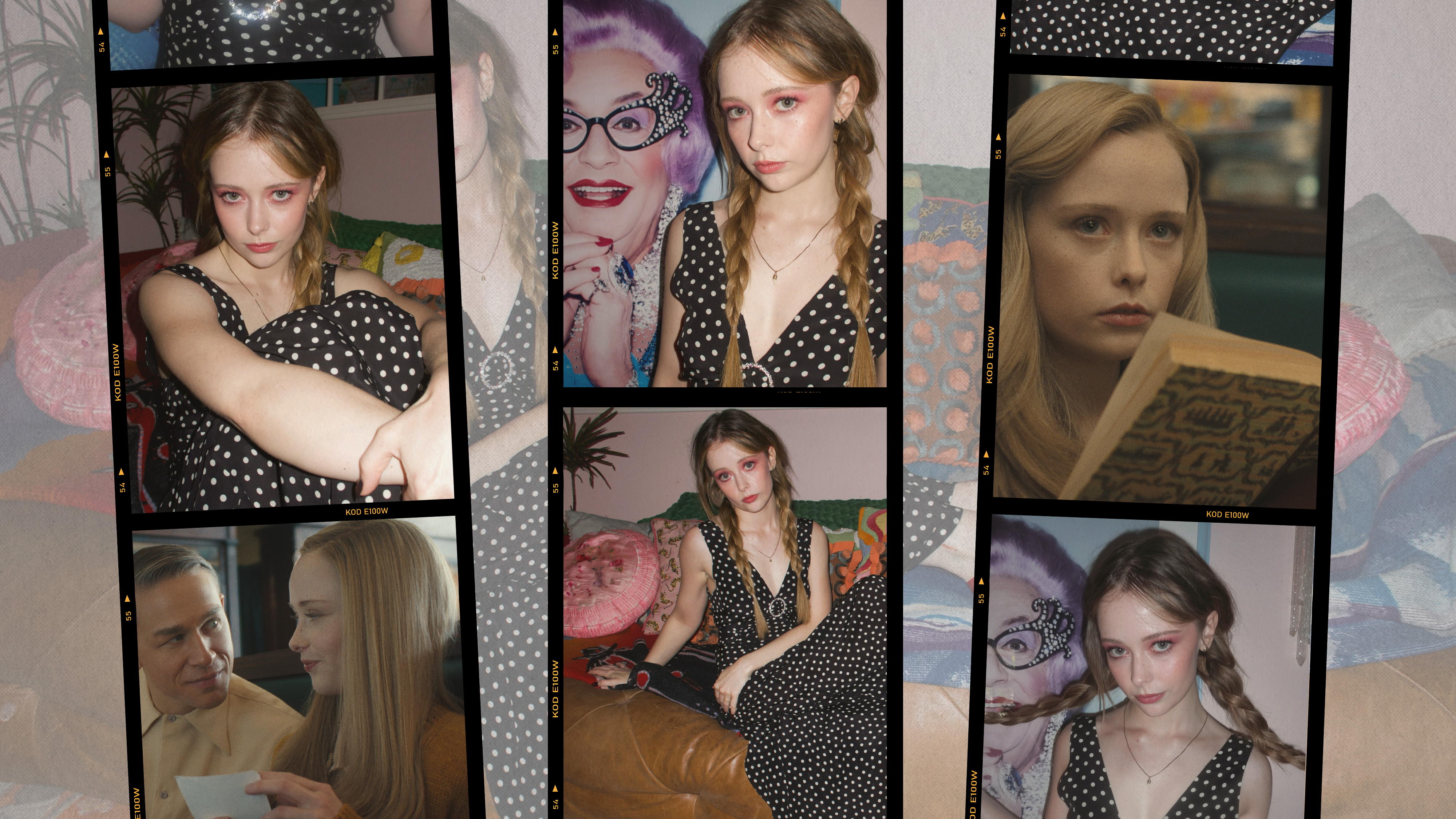 Images of actress Suzanna Son taken by photographer Alexandra French and stills from the Netflix series Monster: The Ed Gein Story put into photo strips.
