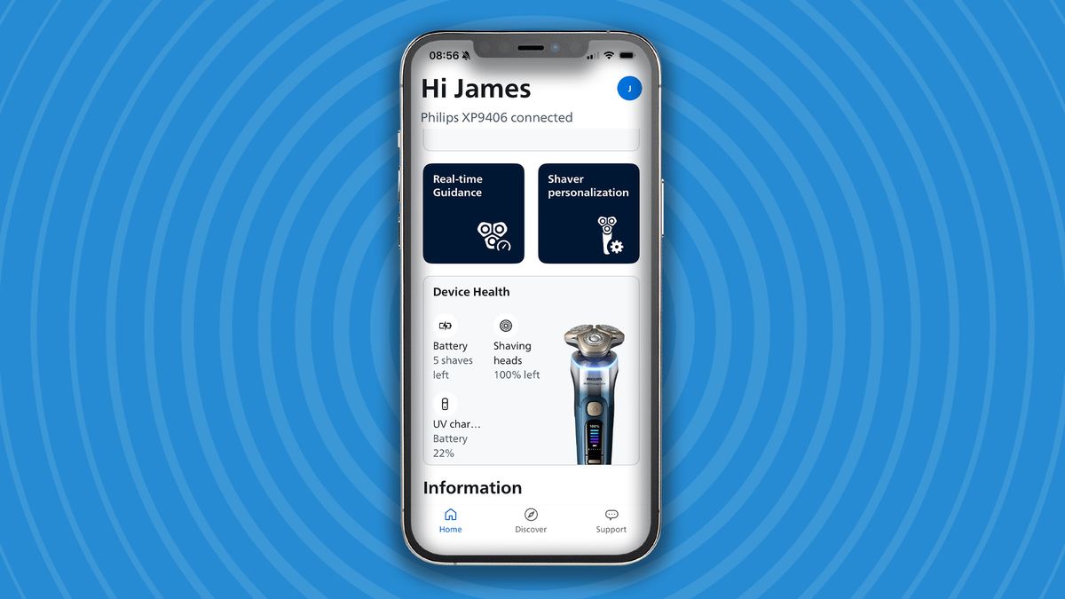 Philips app showing Norelco i9000 Prestige Ultra Day &amp; Night shaver connected