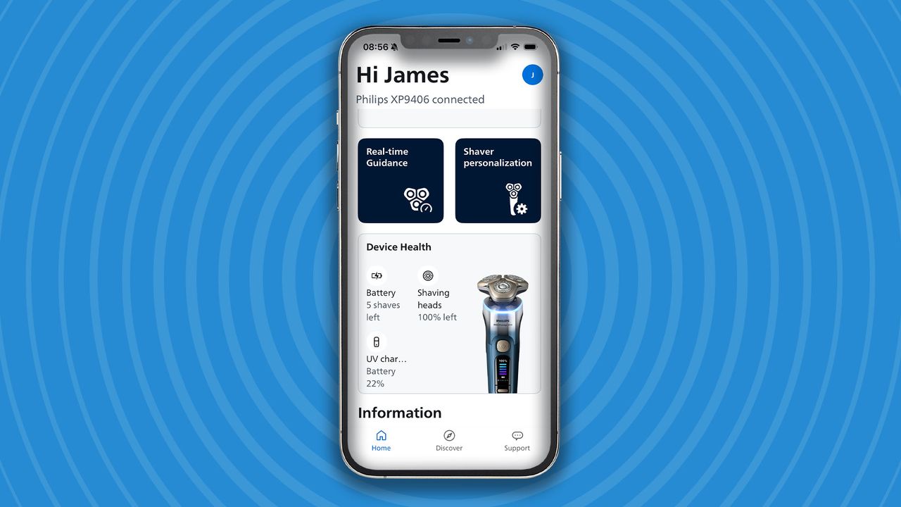 Philips app showing Norelco i9000 Prestige Ultra Day &amp; Night shaver connected