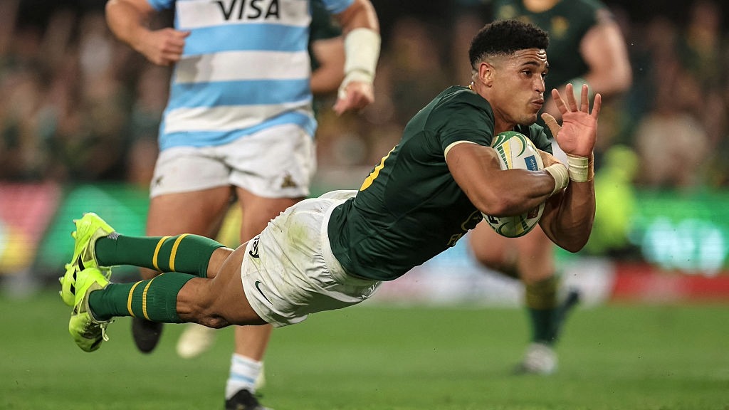 Sacha Feinberg-Mngomezulu of South Africa crosses the line to score a try against Argentina