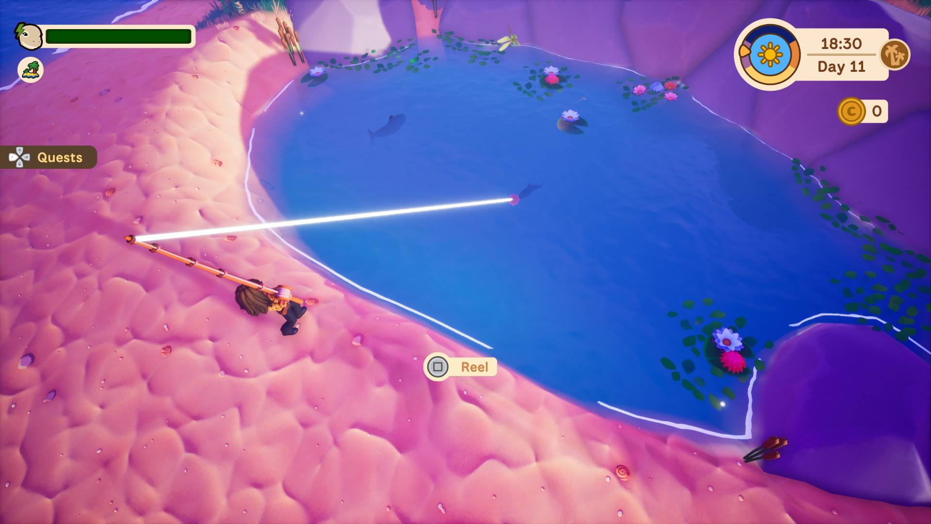 In Collector's Cove, the Collecter player character reels in a fish in a small pond on an island