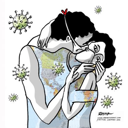 Editorial Cartoon World The Kiss Gustav Klimt coronavirus spread