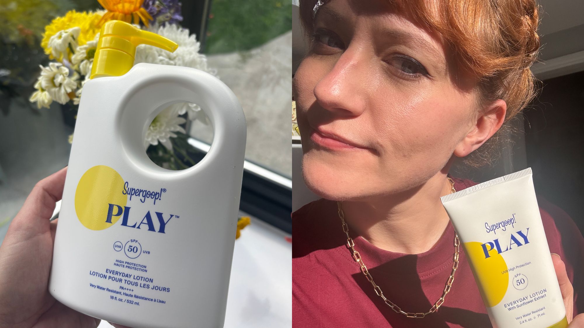 a composite of matilda with two bottles of supergoop play spf