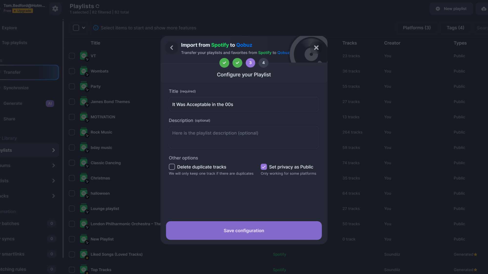 A menu on Soundiiz, converting a Spotify playlist to a Qobuz playlist.