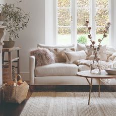 A living room with a cream sofa and a matching textured rug, as well as differently textured but complementing cushions and a knitted throw