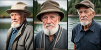 Three AI-generated images of an elderly man looking at the camera with an out of focus backdrop of a lake and forest